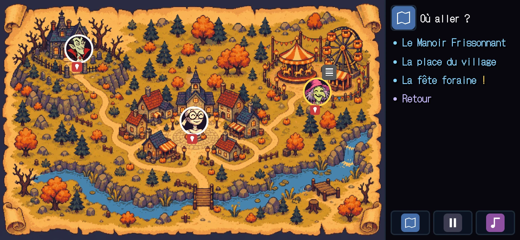 Pixel-art map of the village on old parchment: the manor at the top left, the village in the middle, the funfair with a carousel and a Ferris wheel at the top right, a river at the bottom. Portraits of the characters mark where they are.