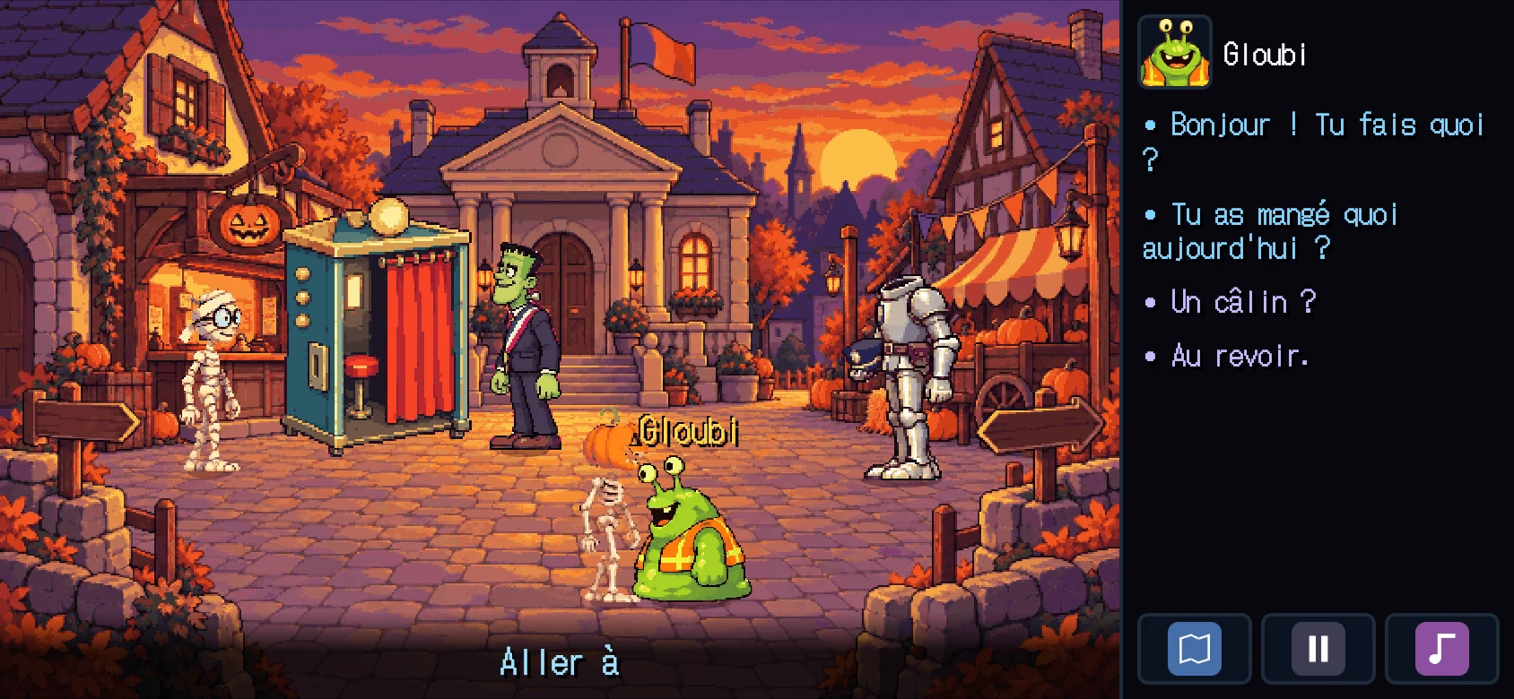 Pixel-art screenshot: Jack talking to Gloubi, the green blob. The side panel lists the dialogue choices: 'Bonjour ! Tu fais quoi ?', 'Tu as mangé quoi aujourd'hui ?', 'Un câlin ?', 'Au revoir.'