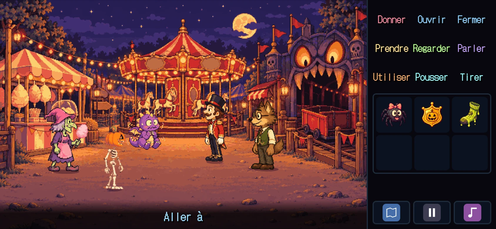 Pixel-art screenshot: the funfair at night, with a cotton candy stand, a carousel and the monster-mouth entrance of the ghost train. Mémé Guimauve the witch, Pépite the purple dragon, M. Carrousel in a top hat and Wolfgang the werewolf in a waistcoat. On the right, the verbs and the inventory.