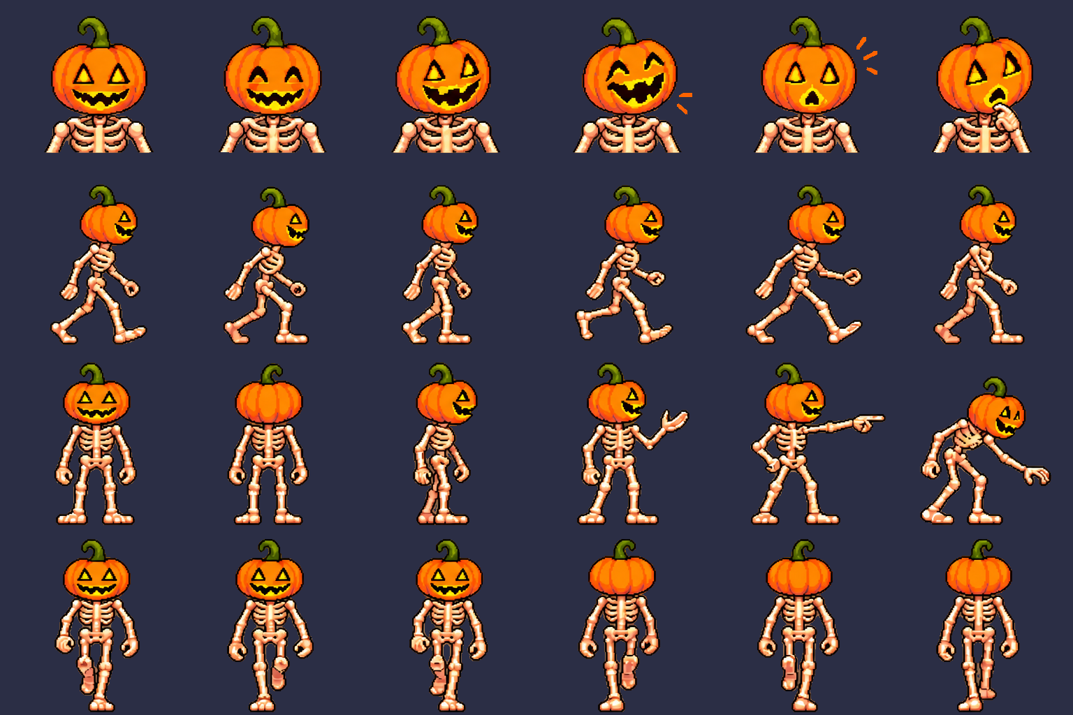 Jack's sprite sheet: 24 pixel-art cells on a dark blue background, with portraits showing different expressions, a walk cycle, standing and pointing poses, and front and back views.