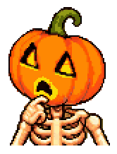 Jack, a pixel-art skeleton with a carved pumpkin for a head, looking surprised, a bony hand on his chin