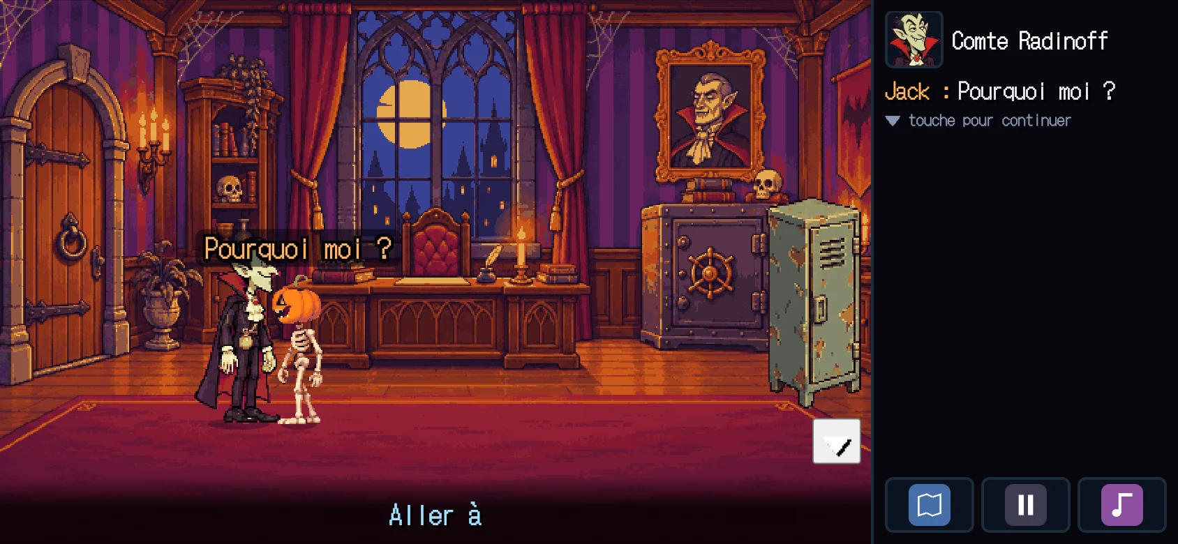 Pixel-art screenshot: Count Radinoff's office, with a gothic window, a big safe and a rusty locker. Jack stands next to the vampire and asks 'Pourquoi moi ?'