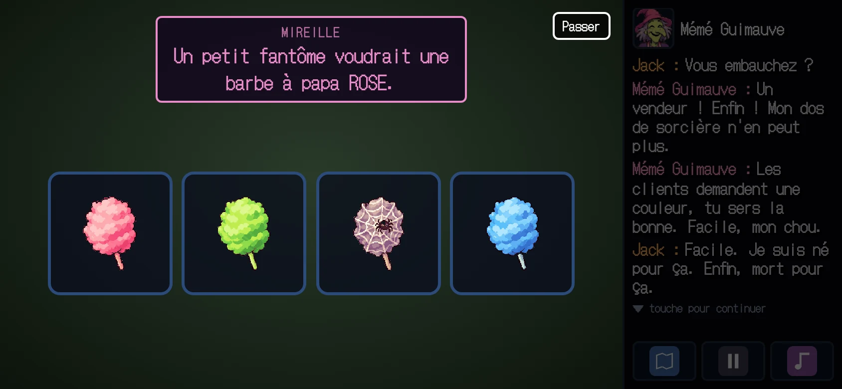 Pixel-art screenshot of the cotton candy minigame: four cotton candies (pink, green, spider-web and blue) and a message from Mireille: 'Un petit fantôme voudrait une barbe à papa ROSE.'