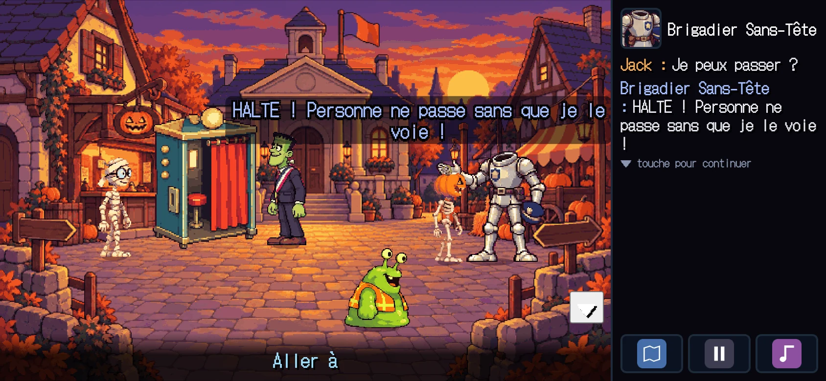 Pixel-art screenshot: the village square at sunset. A mummy at the Pôle Frousse counter, a photo booth, the Mayor (a Frankenstein's monster in a suit), a green blob in a high-visibility vest, and a headless knight shouting 'HALTE ! Personne ne passe sans que je le voie !'